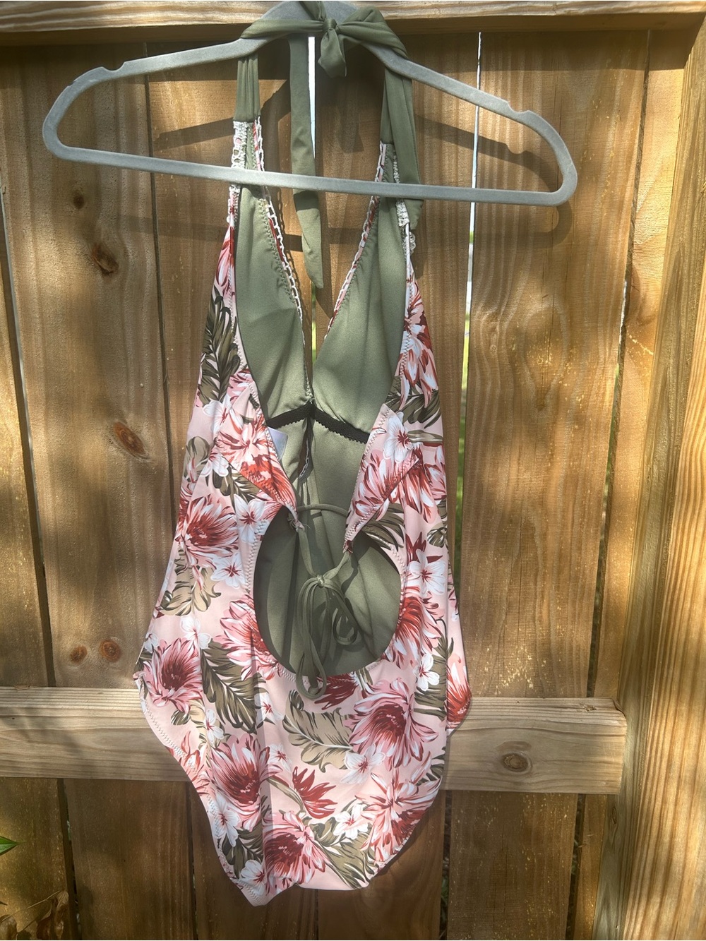 Kona Sol Pink Floral One-Piece Swimsuit with Olive Ties size large - Picture 11 of 11